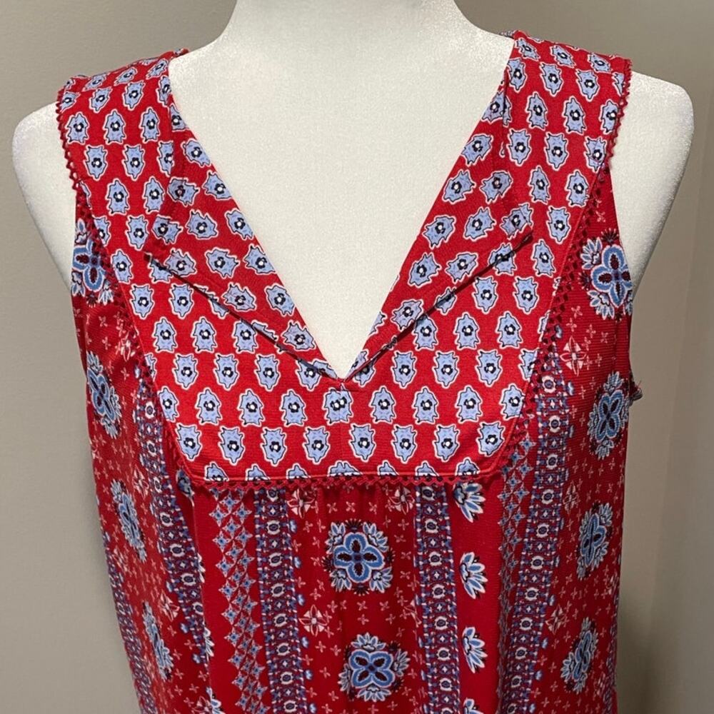 Style & Co Bandana Dress Sz M Tiered V-Neck Red Blue Sleeveless Festival Western - Picture 2 of 13